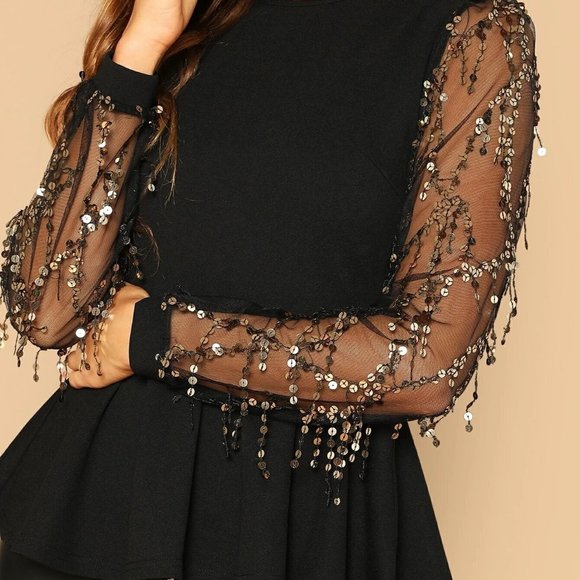 3/$25💦 BLING Sequin Mesh Sleeve Peplum Top Blouse - Picture 4 of 9